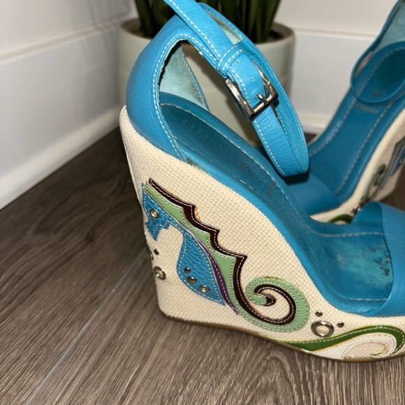 Prada Seahorse Wedge Platform Sandals Leather Green Blue - Picture 3 of 14